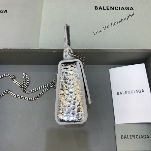 Balenciaga專櫃爆款mini Hourglass沙漏包 巴黎世家鱷魚紋銀色超迷你號手提肩背女包 fyj1554